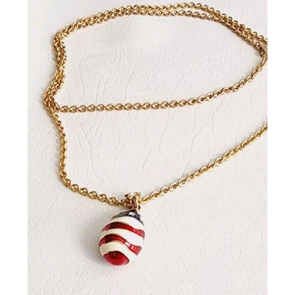 Joan Rivers Gold Tone Enamel USA Flag Patriotic Egg Pendant Necklace 32" - Picture 4 of 7